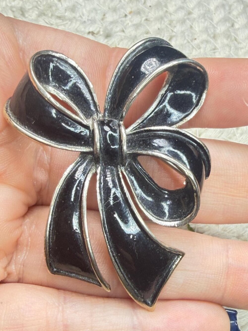 Vintage Black Bow Brooch Enamel Silver Tone Dimensional Ribbon Pin 2 inches